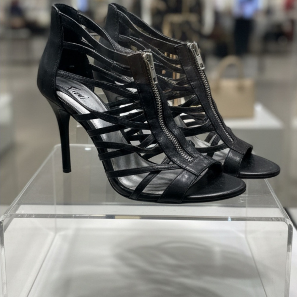 FIONI Black Zipper Strappy Heels